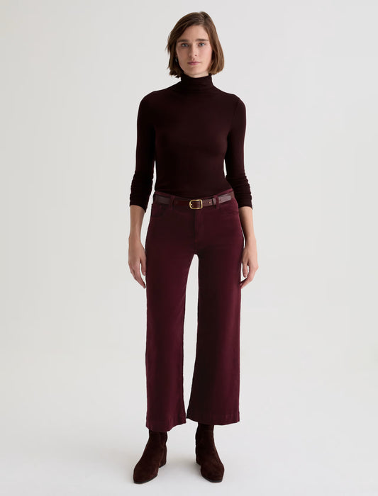 Person wearing a maroon turtleneck and pants on a white background