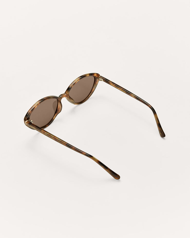 Sunglasses with tortoiseshell frame and brown lenses on a white background