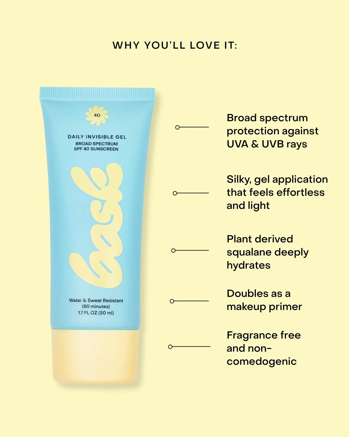 Tube of sunscreen with text highlighting its benefits on a beige background