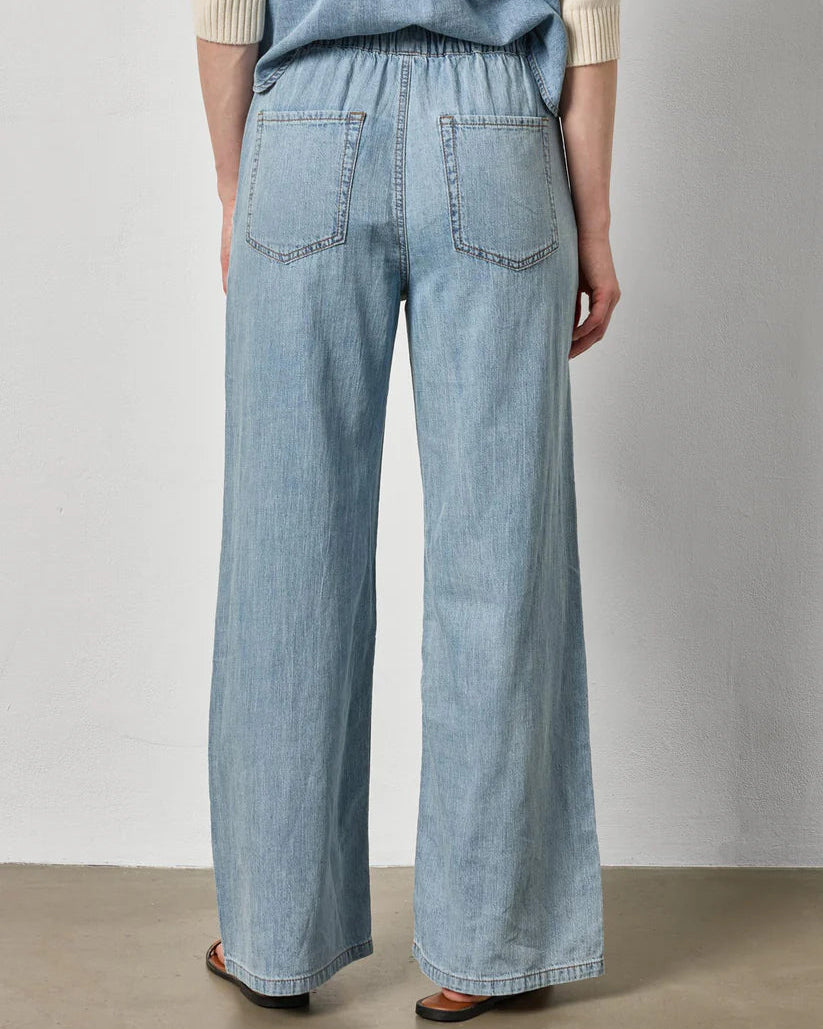 Person wearing light blue jeans against a plain background