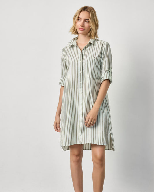 Woman wearing a green and white striped dress against a plain background