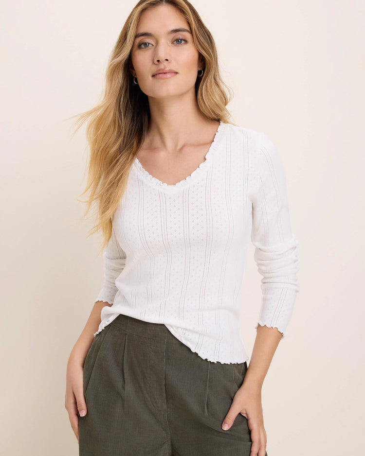 A woman wearing a white ribbed knit sweater with a scalloped V-neck and three-quarter sleeves, paired with dark olive green pants, against a plain beige studio background.