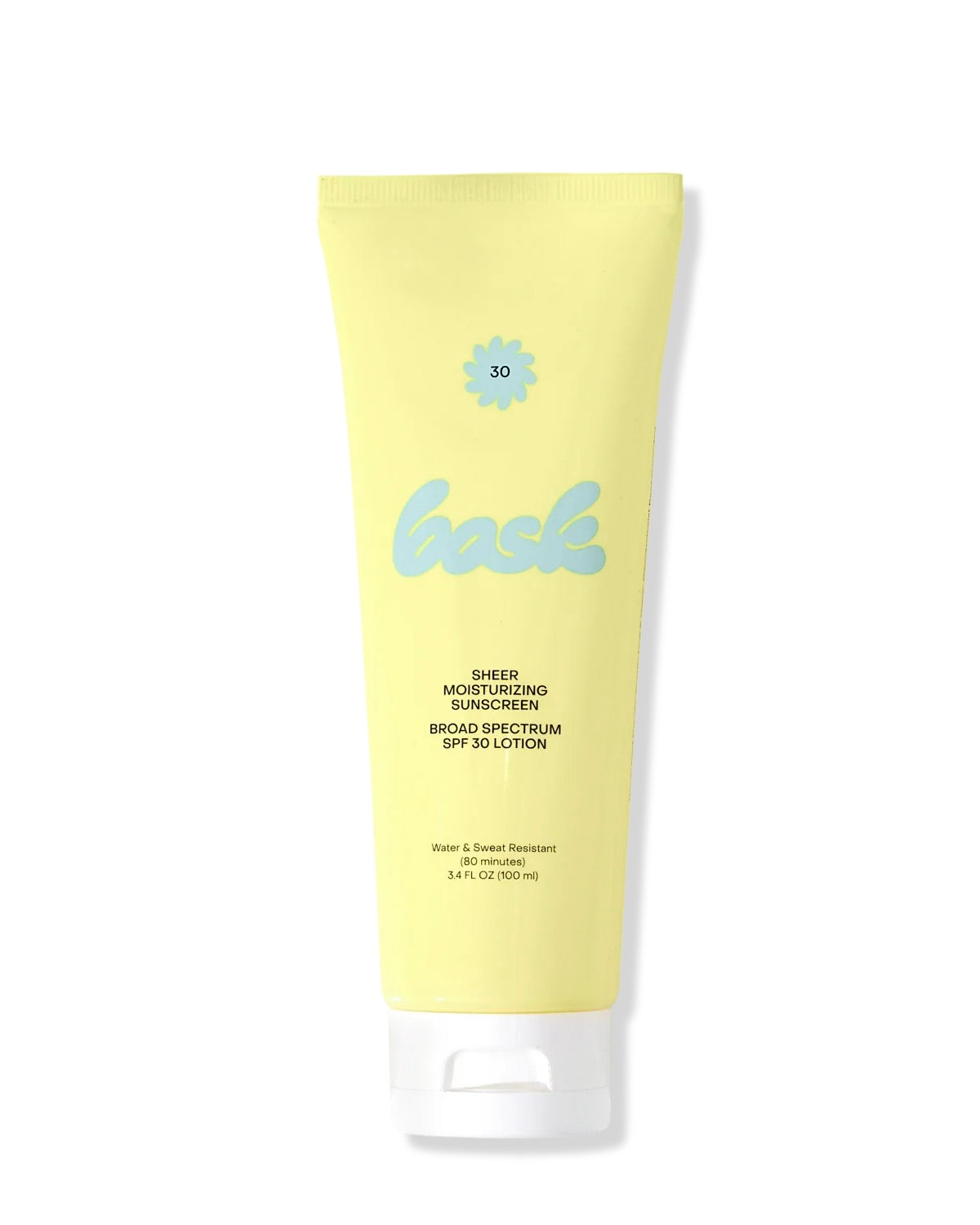 Yellow sunscreen tube with blue logo on a white background