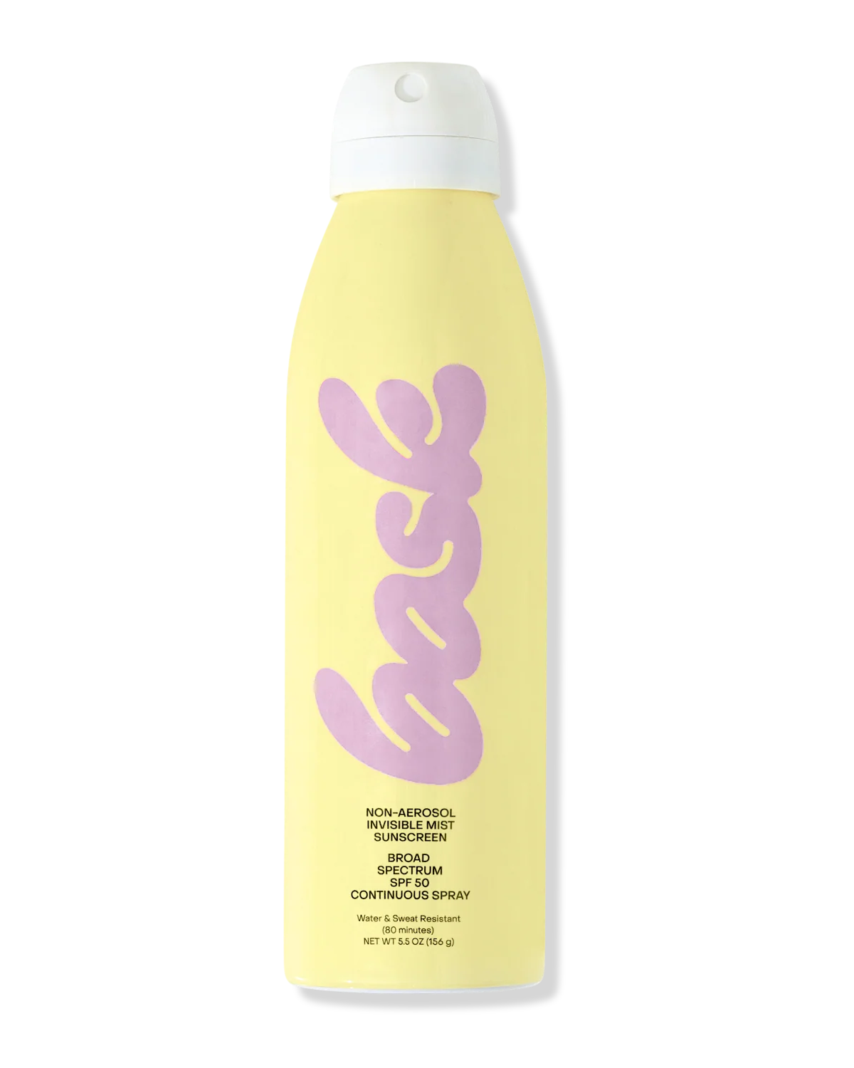 Yellow sunscreen spray bottle with pink logo on a white background