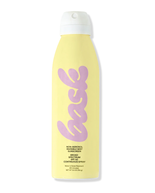 Yellow sunscreen spray bottle with pink logo on a white background