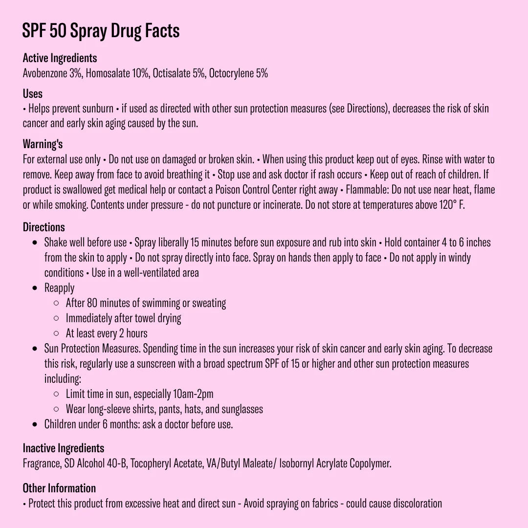 SPF 50 spray drug facts with detailed information on ingredients, uses, warnings, directions, and inactive ingredients on a pink background.