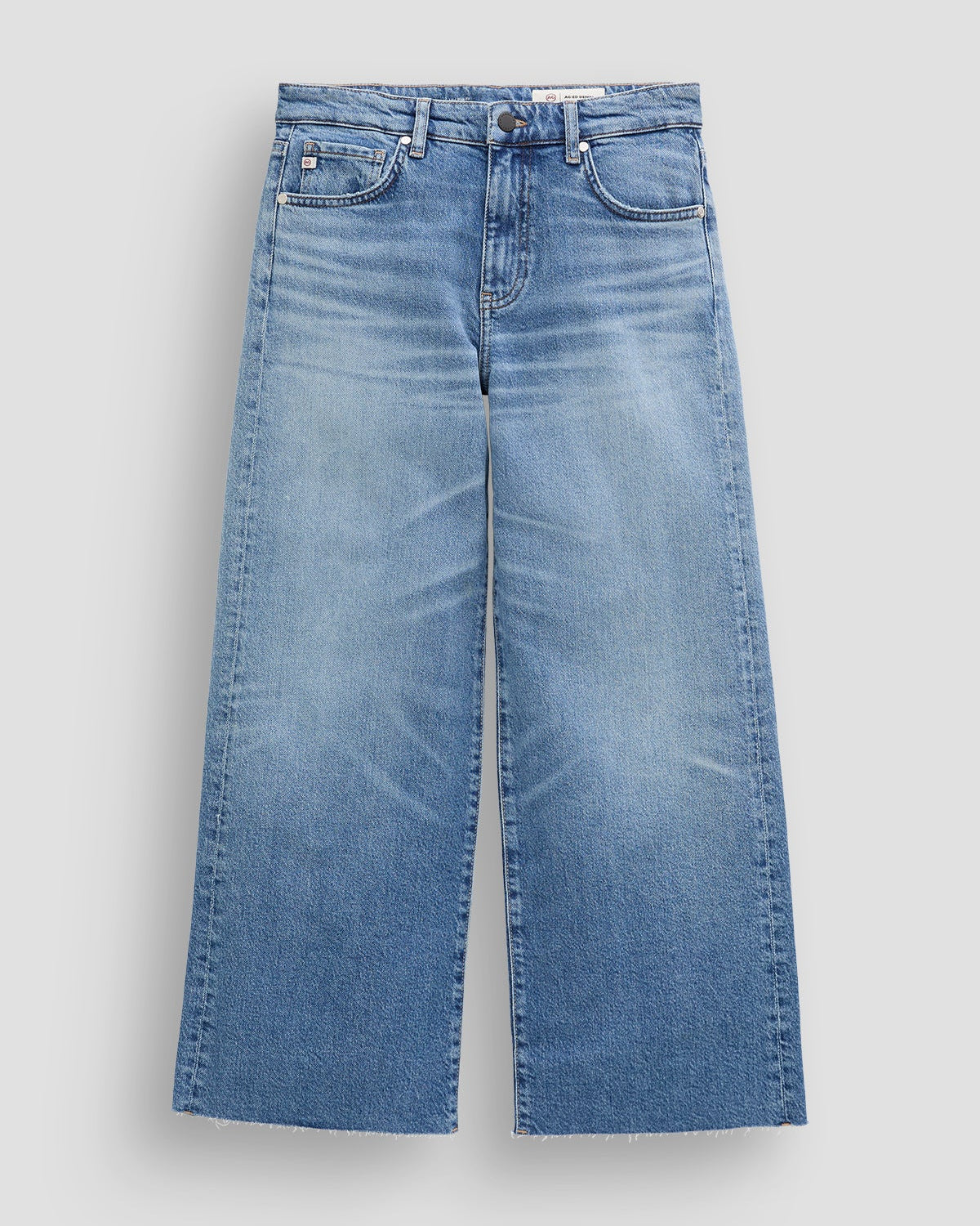 Light blue wide-leg denim jeans with a faded wash, displayed flat against a light gray background.