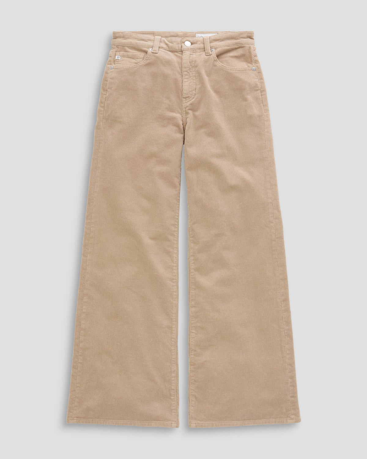A pair of beige wide-leg corduroy pants laid flat against a light gray background.