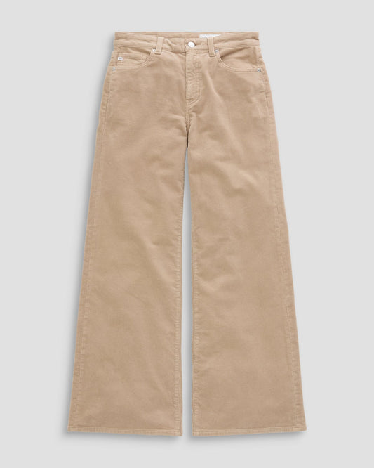 A pair of beige wide-leg corduroy pants laid flat against a light gray background.