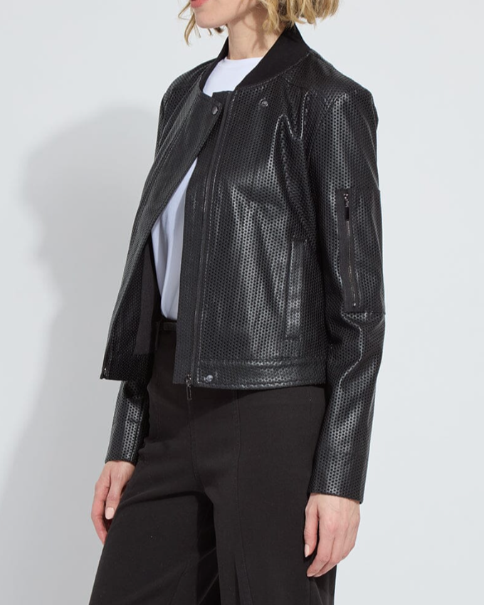 Person wearing a black leather jacket with a white background