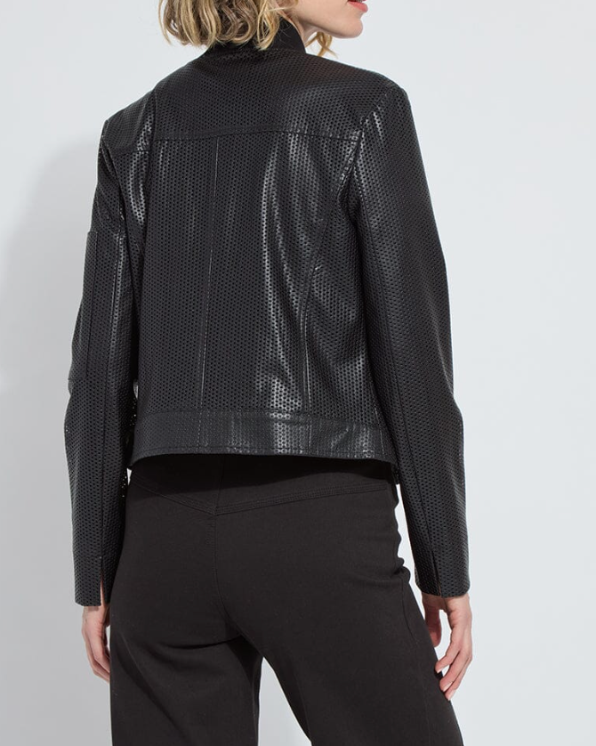 Person wearing a black leather jacket with a white background
