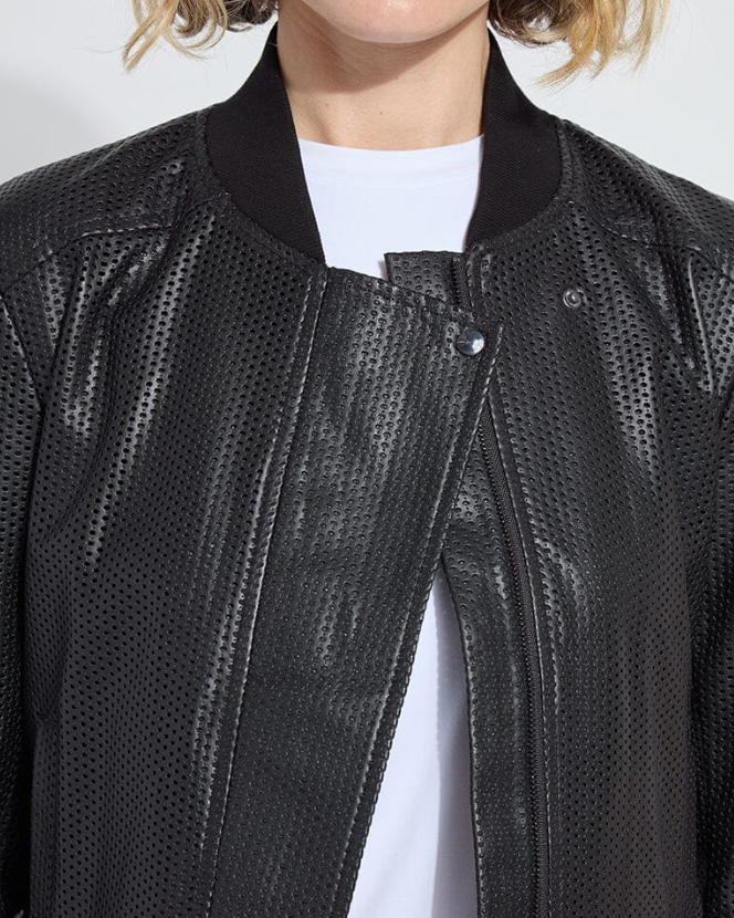 Person wearing a black leather jacket with a white background