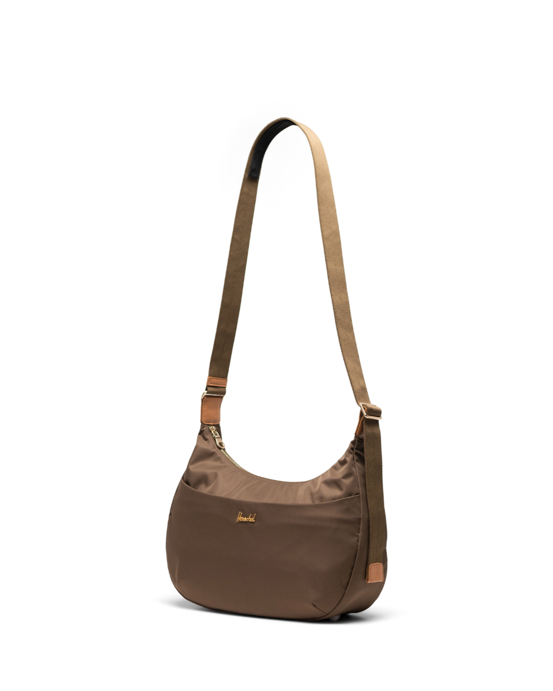 Brown shoulder bag with a strap on a white background