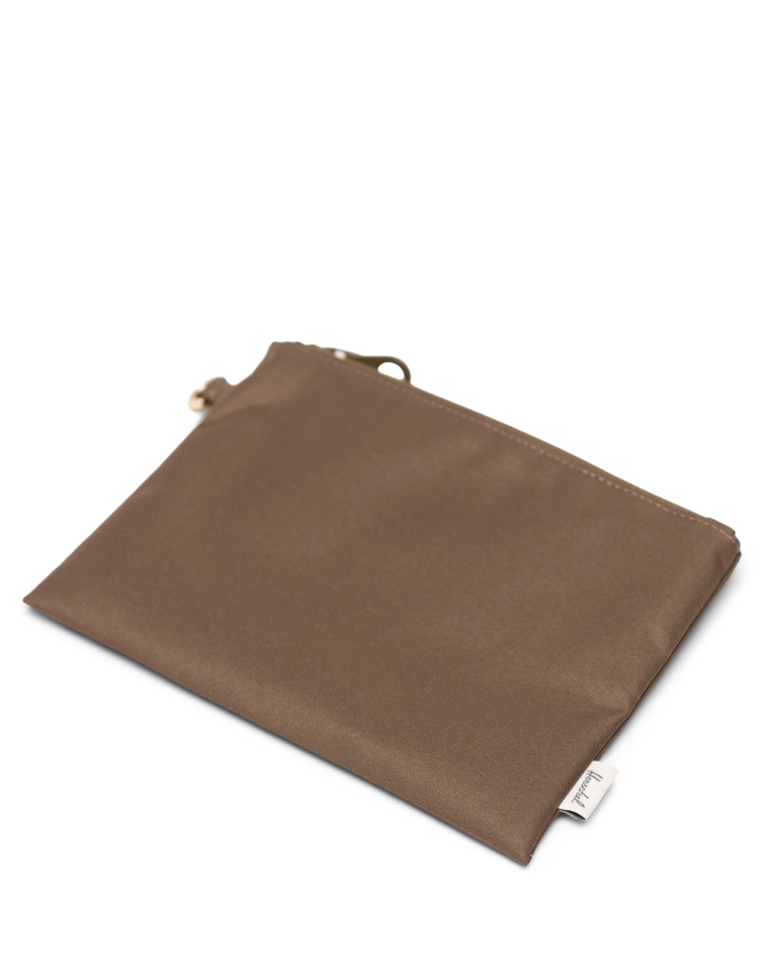 Brown fabric pouch on a white background