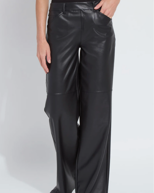 Black leather pants worn by a person on a white background