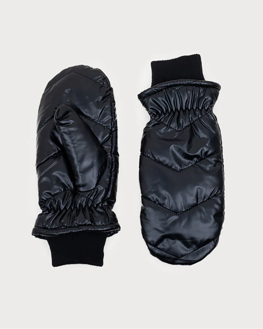 Pair of black quilted mittens on a light gray background