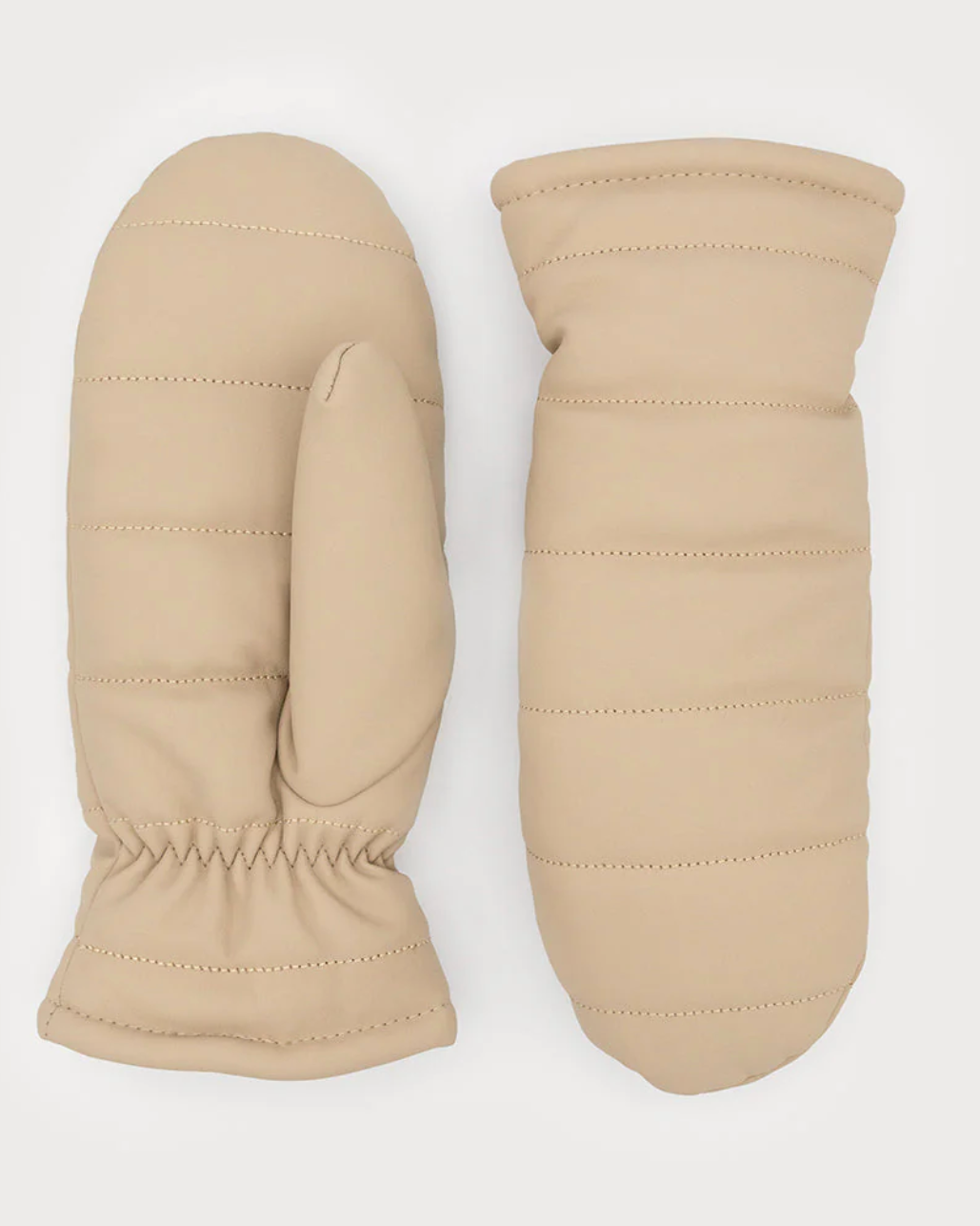 Pair of beige mittens on a white background