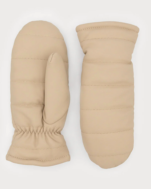 Pair of beige mittens on a white background