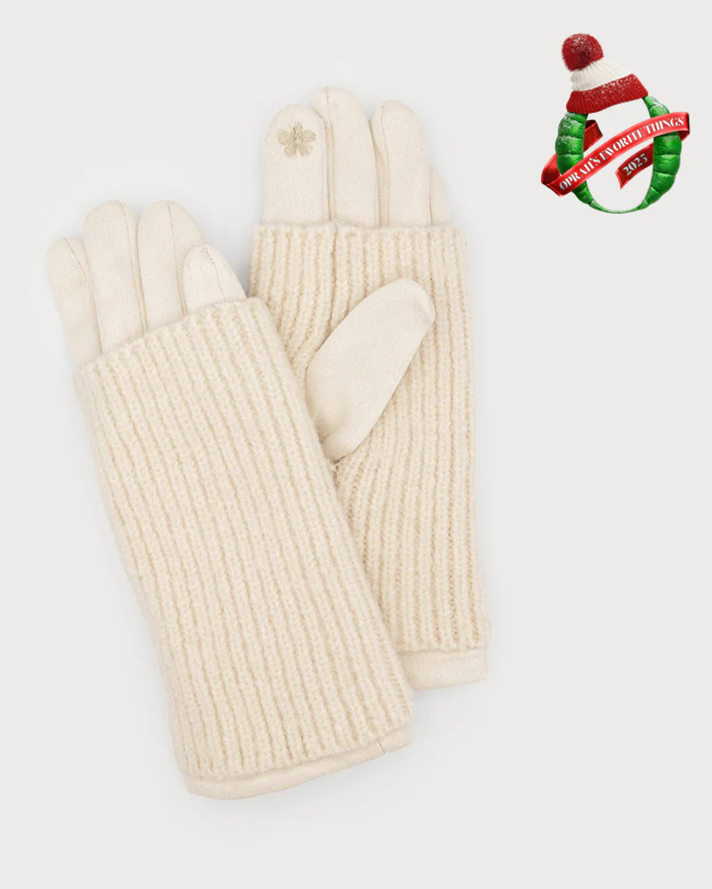 Pair of cream-colored knit gloves on a white background with a brand logo in the corner.