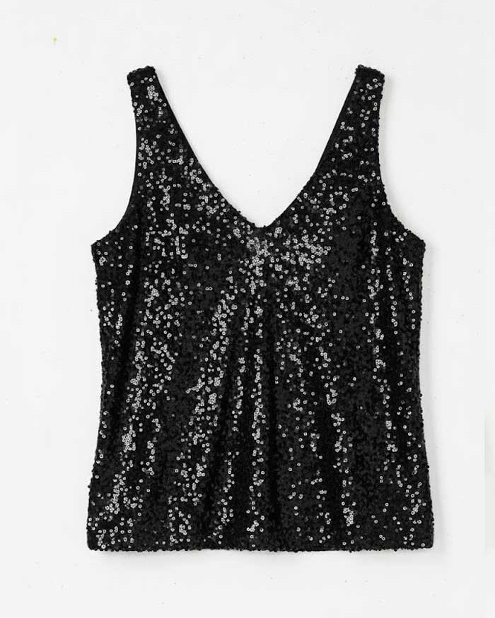 A black sequined tank top with a deep V-neckline, laid flat against a plain white background.