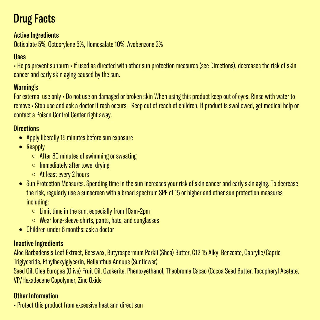 Drug facts label for a sunscreen product with detailed information on ingredients, uses, warnings, and directions.