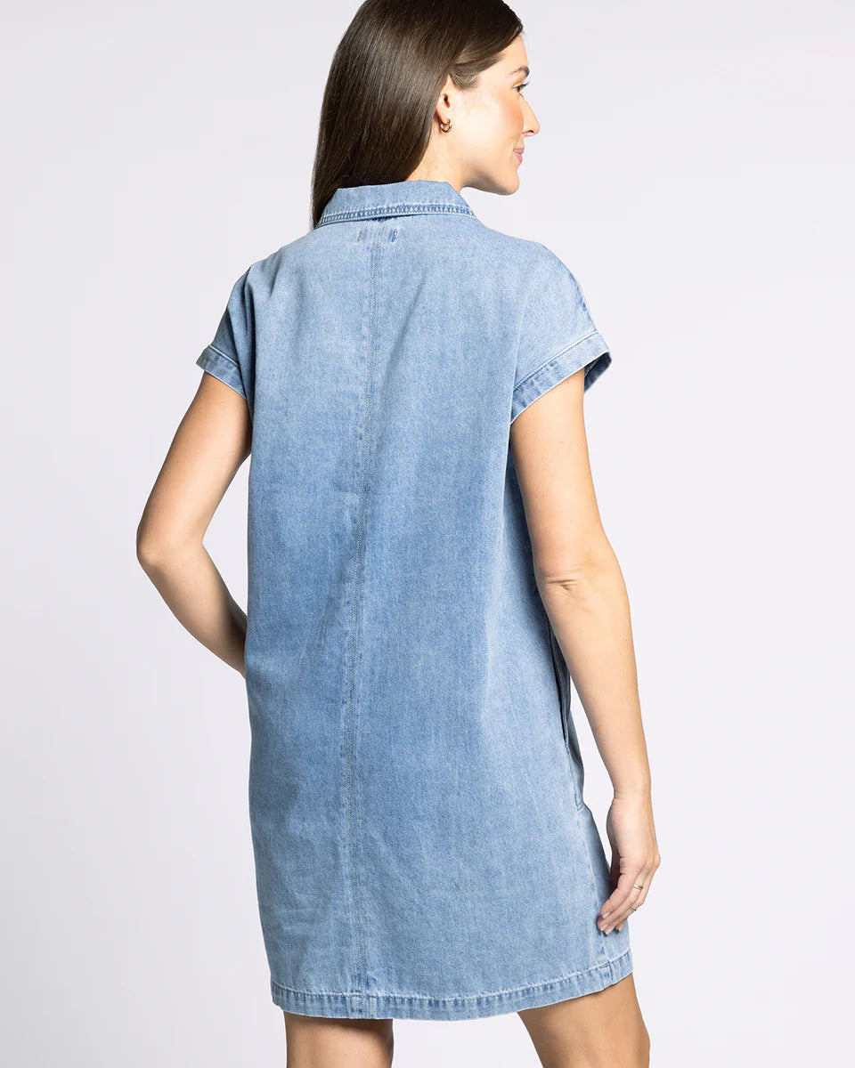 Woman wearing a light blue denim dress against a white background