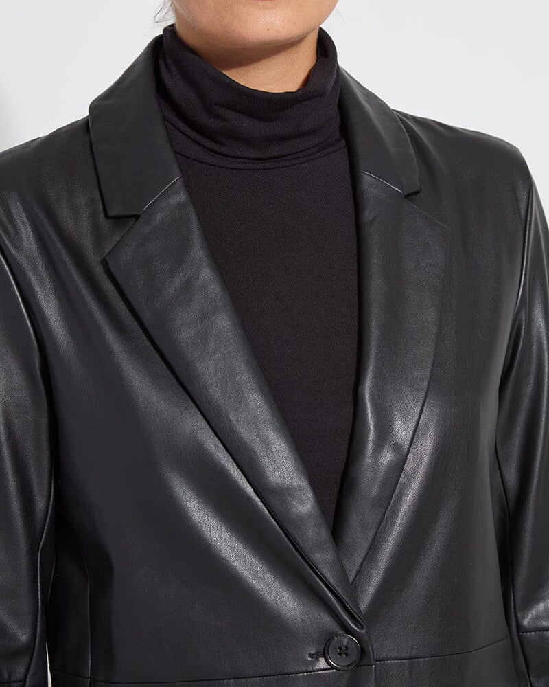 Black leather blazer worn by a person on a white background