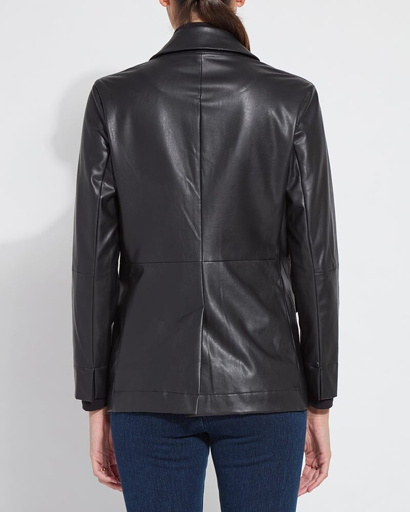 Black leather jacket worn by a person on a white background
