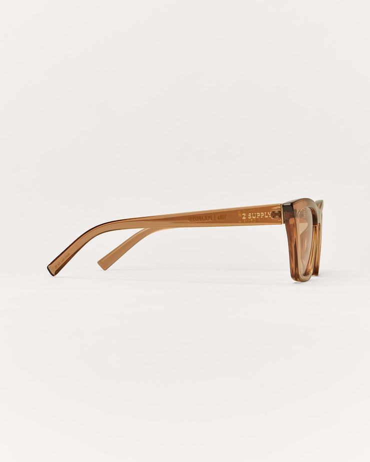 Sunglasses with brown frame and lenses on a light gray background