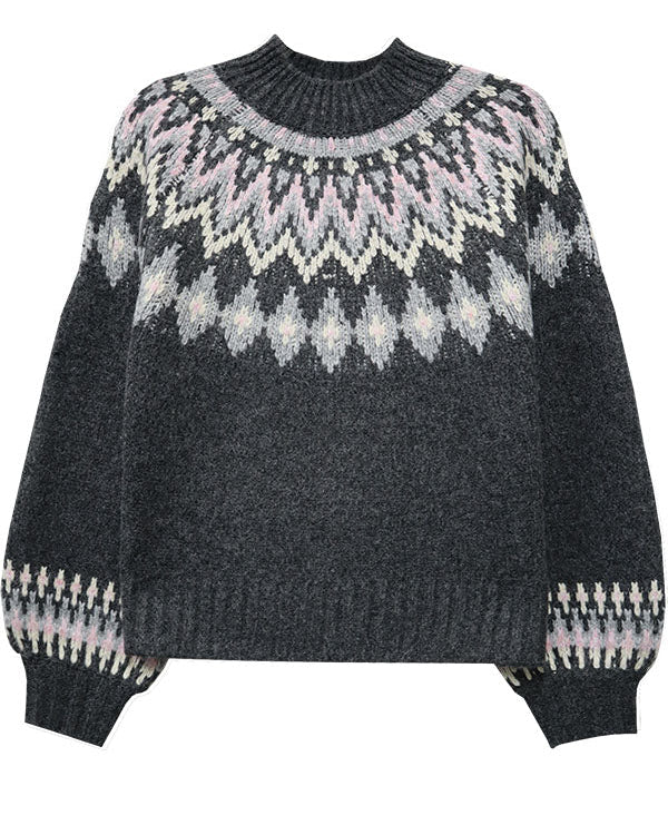 Dark gray sweater with a patterned design on a white background