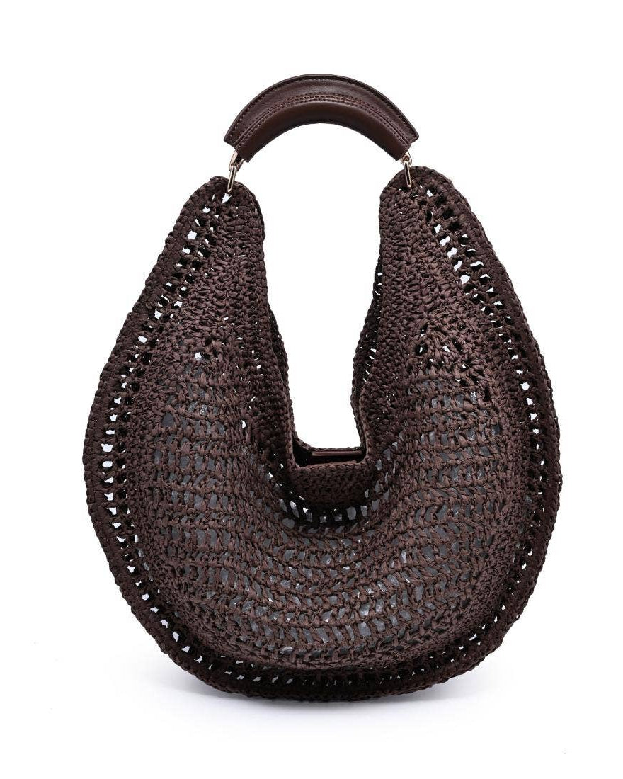 Brown woven handbag with wooden handle on a white background