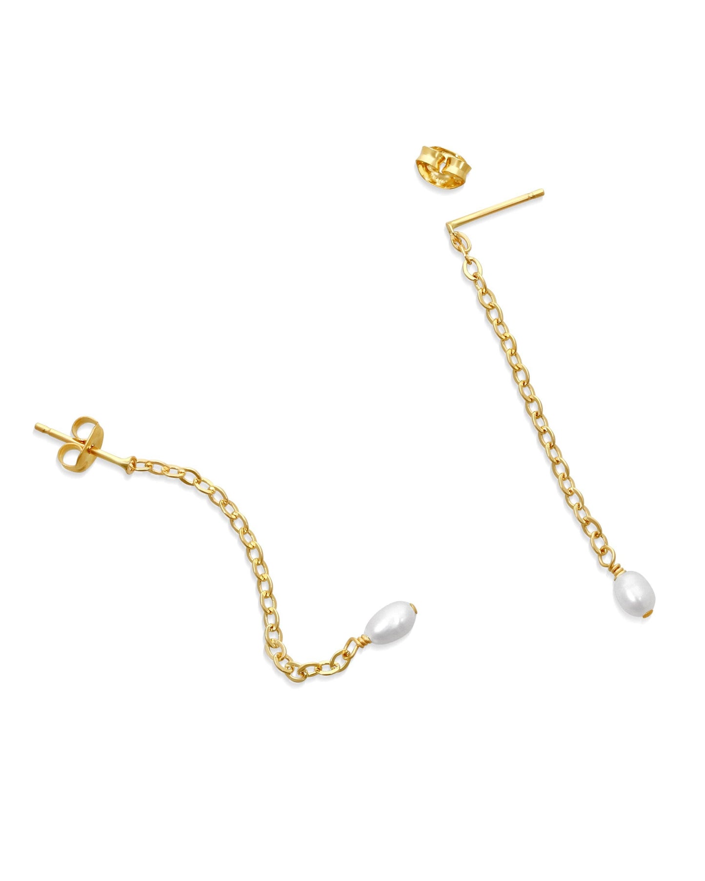 Gold chain earring with pearl drops on a white background
