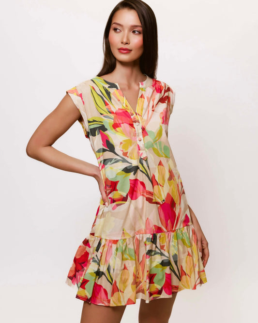 Model is wearing Hutch Anni Sleeveless Dress in Taupe Tropical on white background