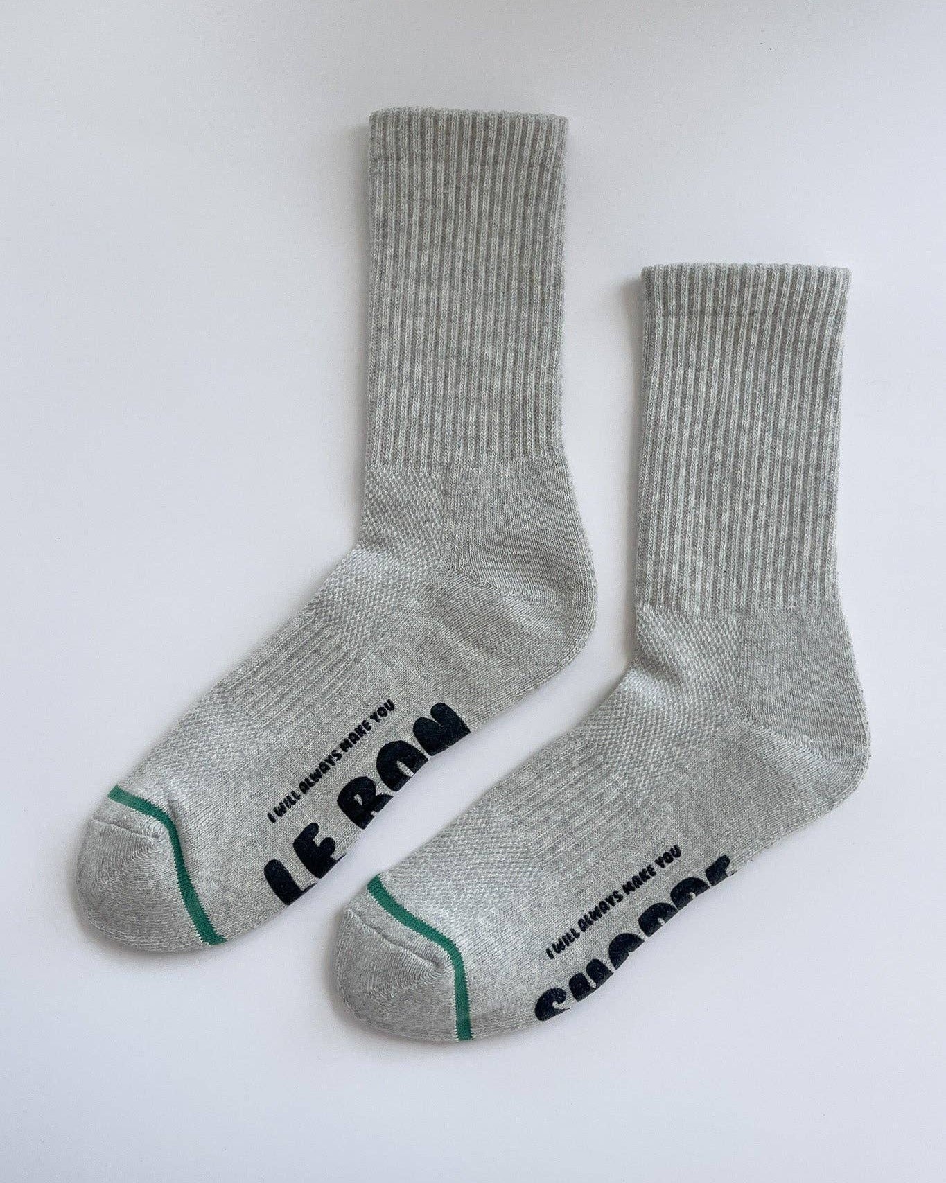Gray socks with text on a white background