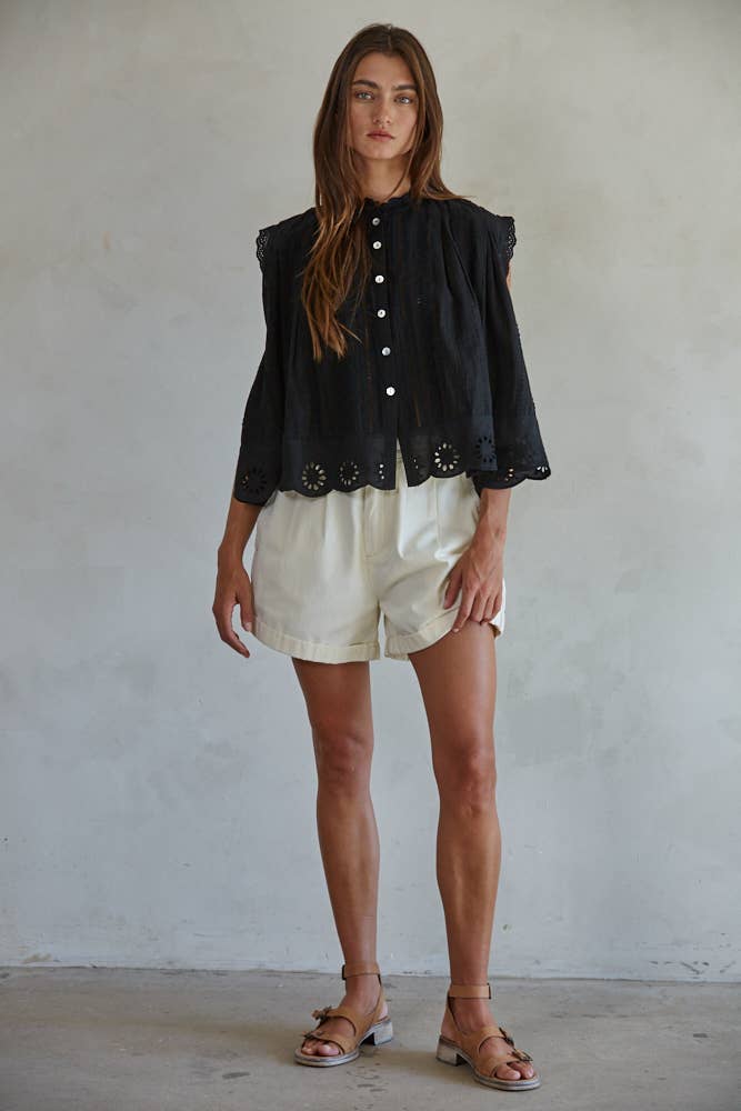 Cotton Eyelet Buttondown S/L Top: Black