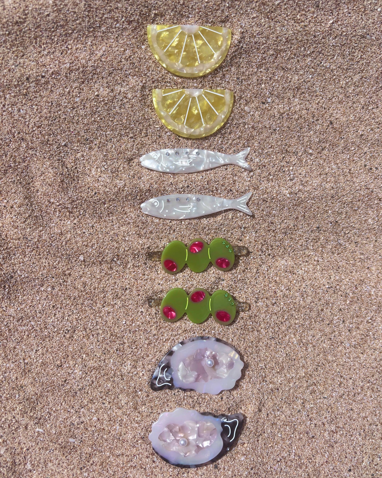 Decorative arrangement of shell slices and fish shapes on a sandy surface