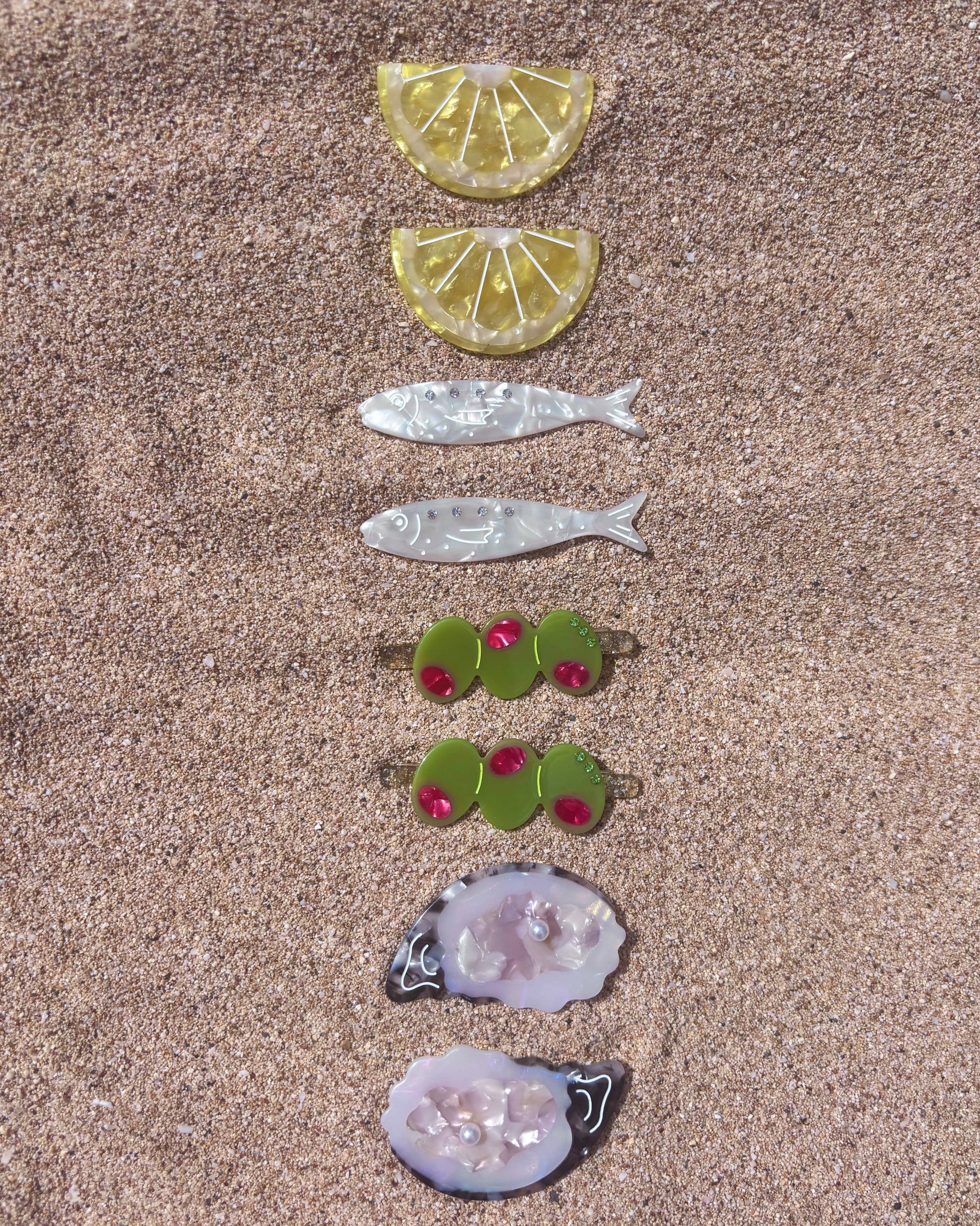 Decorative arrangement of shell slices and fish shapes on a sandy surface