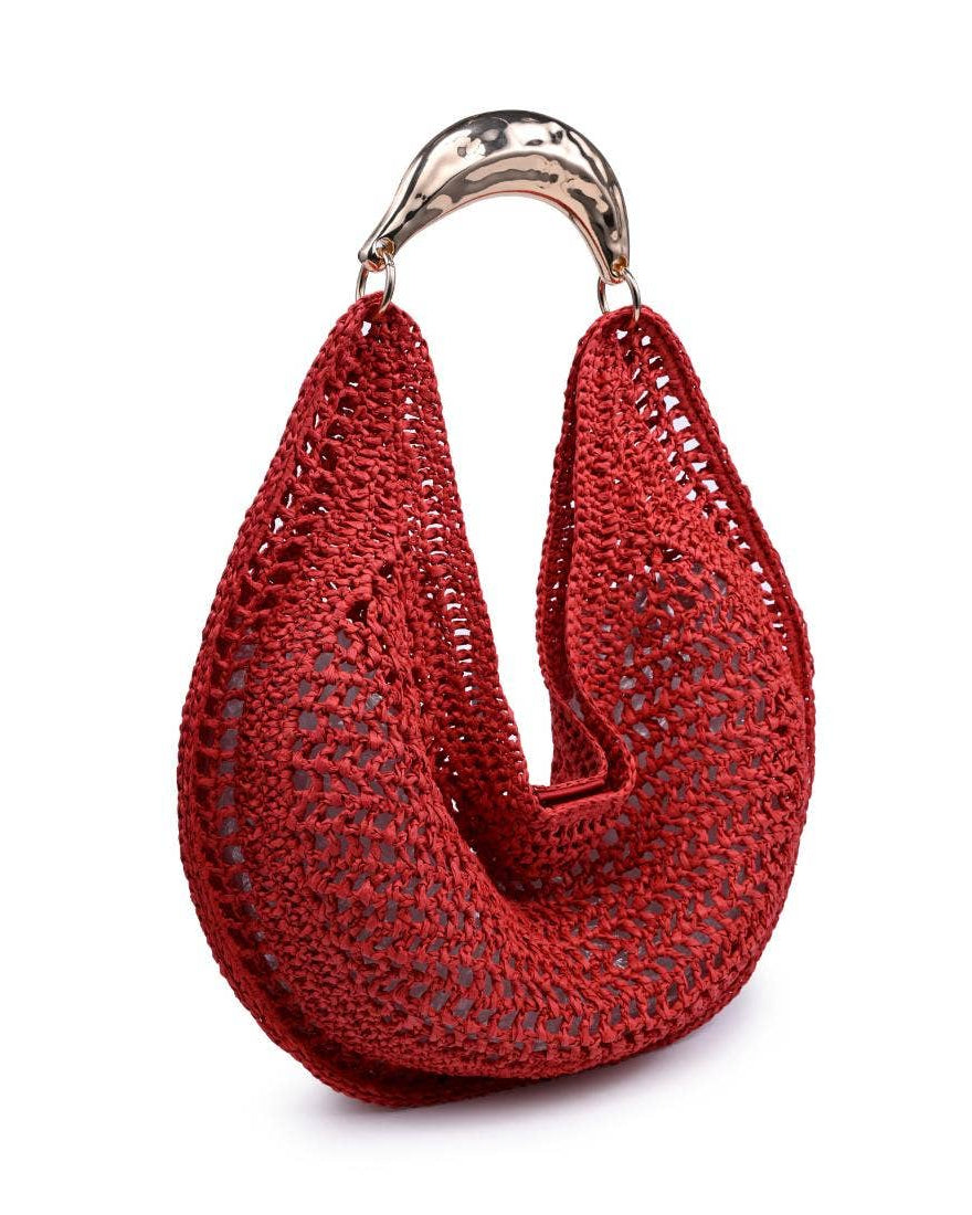Red woven handbag with a gold clasp on a white background