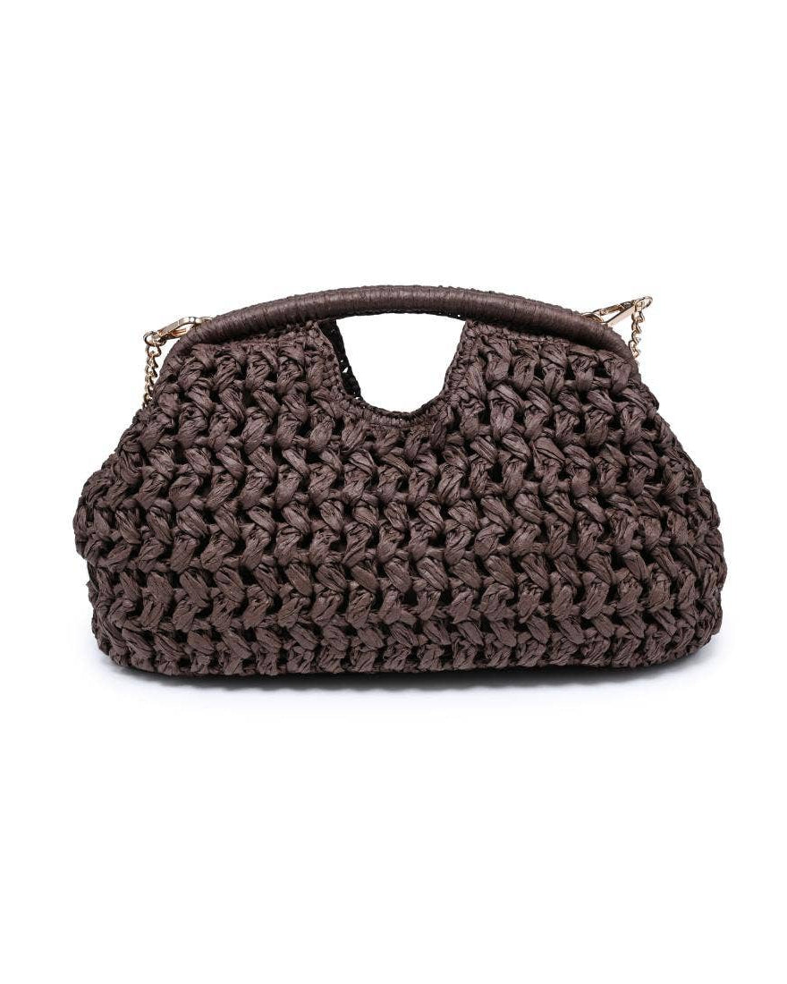 Brown woven handbag on a white background