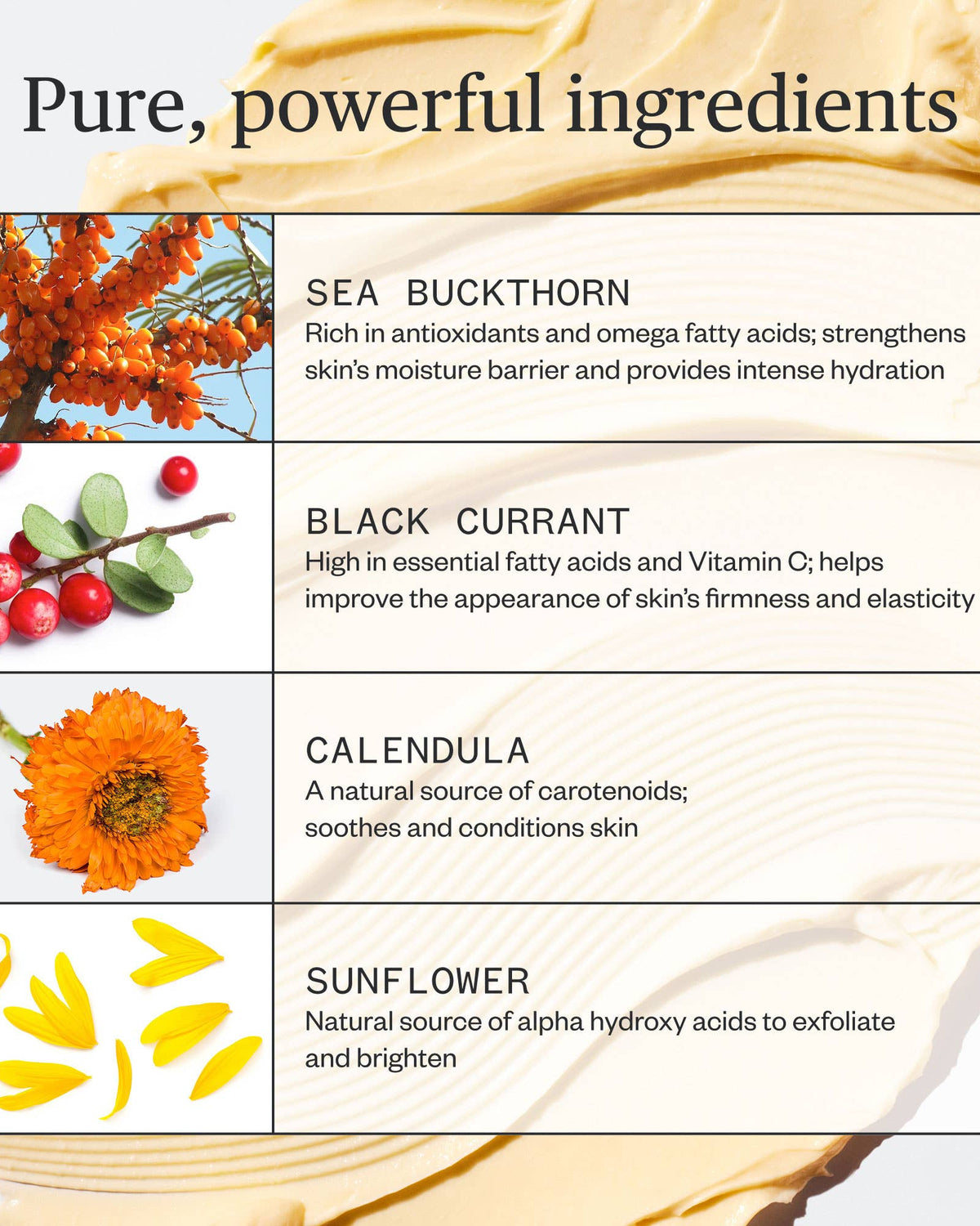 Product packaging with ingredients listed including Sea Buckthorn, Black Currant, Calendula, and Sunflower.