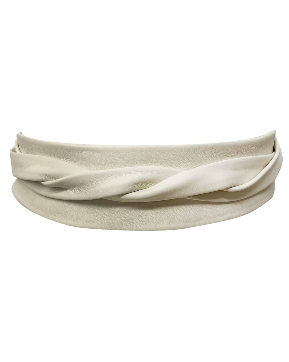 Beige headband with braided design on a white background