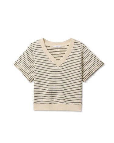 Striped t-shirt with a V-neck on a white background