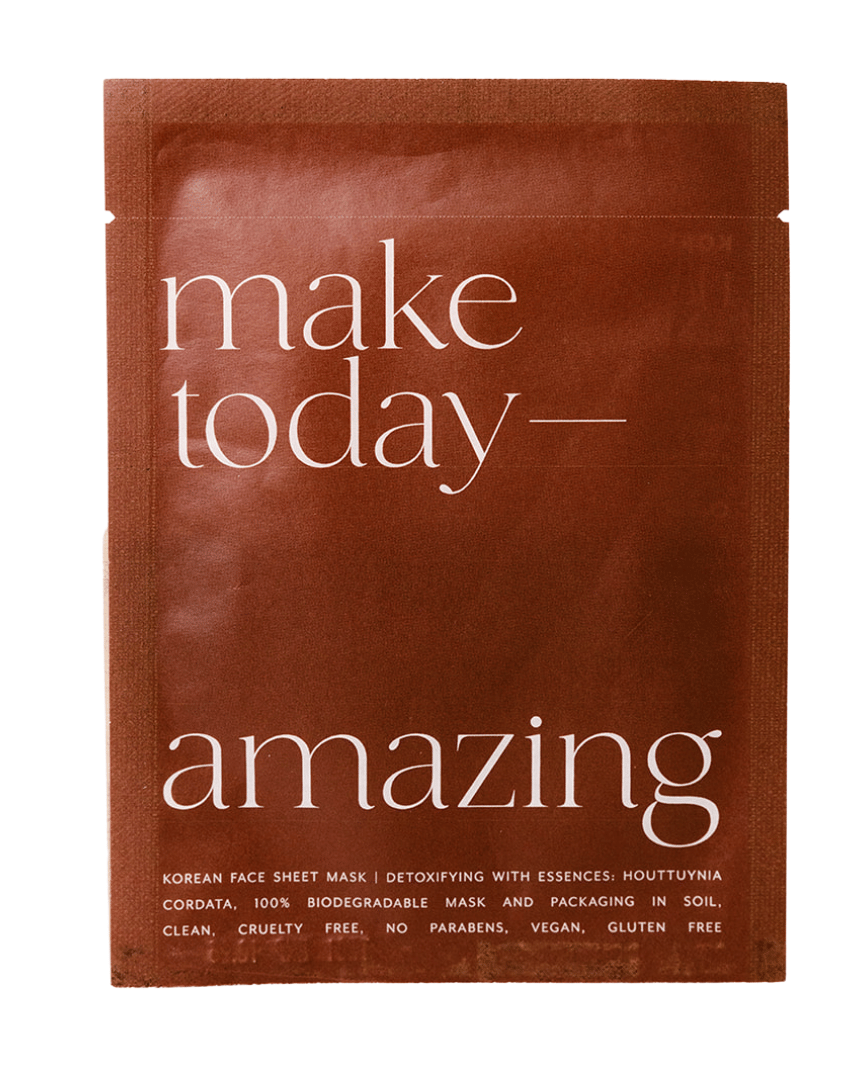 Brown face mask packaging with 'make today amazing' text on a white background