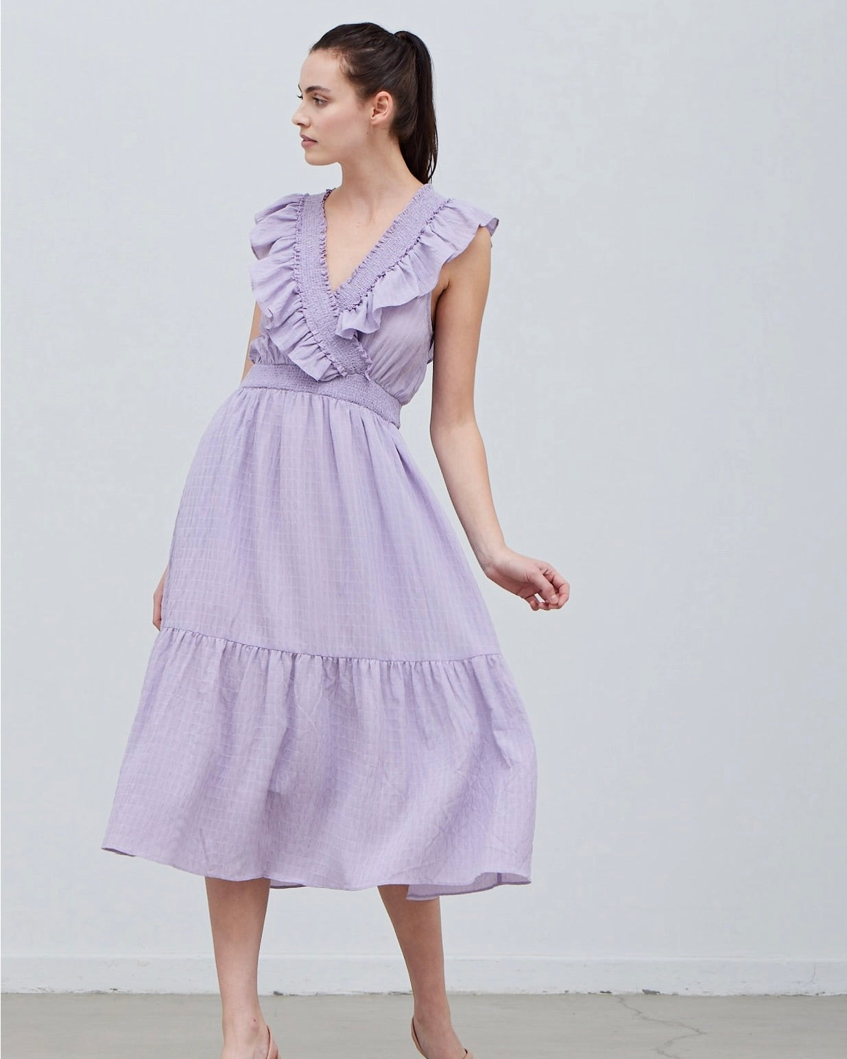 Grade & Gather Smocked Lavender Midi Dress on a white background