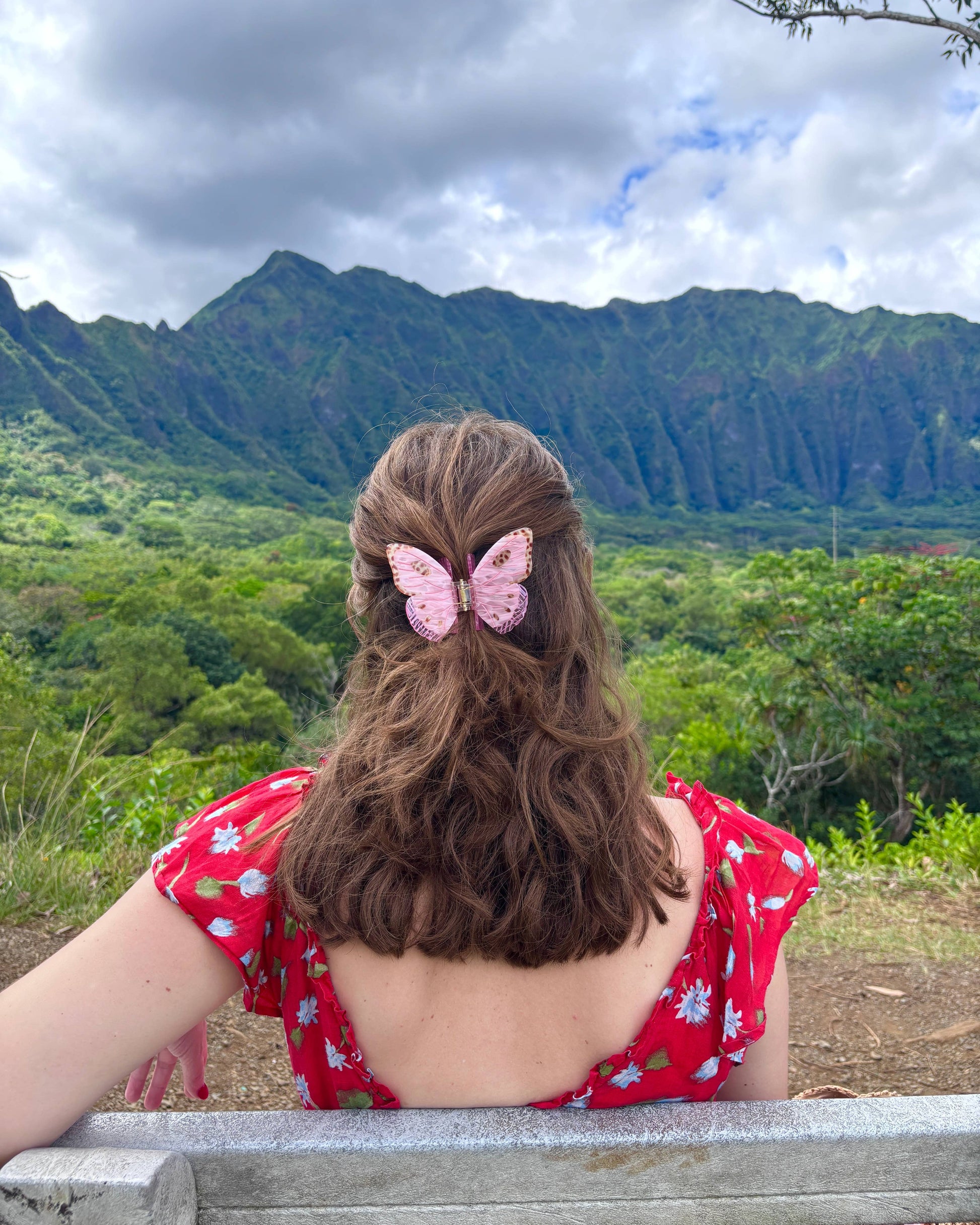 Person with a butterfly hair clip sitting on a bench overlooking a lush green landscape with mountains.