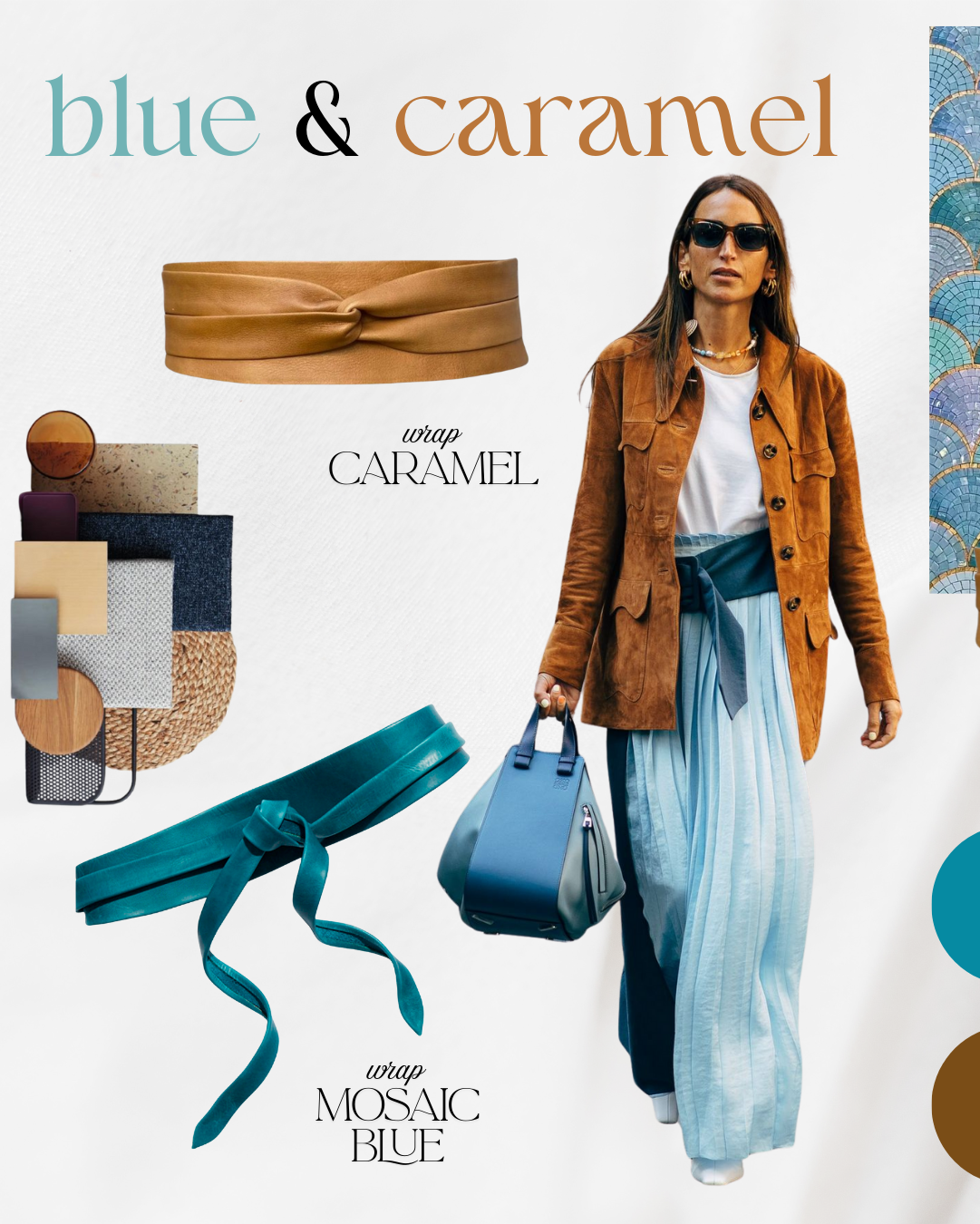 Fashion collage with blue and caramel color scheme, featuring a woman in a brown jacket and blue pants, accessories, and color swatches.