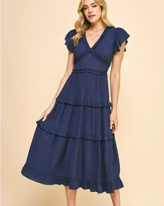 Pinch Ruffled Tea Length Dress