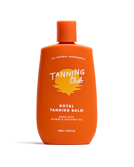 Orange bottle of Tanning Club Royal Tanning Balm on a white background