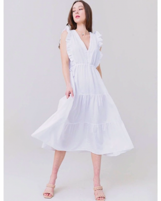 Model wearing a Stark X Poplin Levi Dress in white on a white background