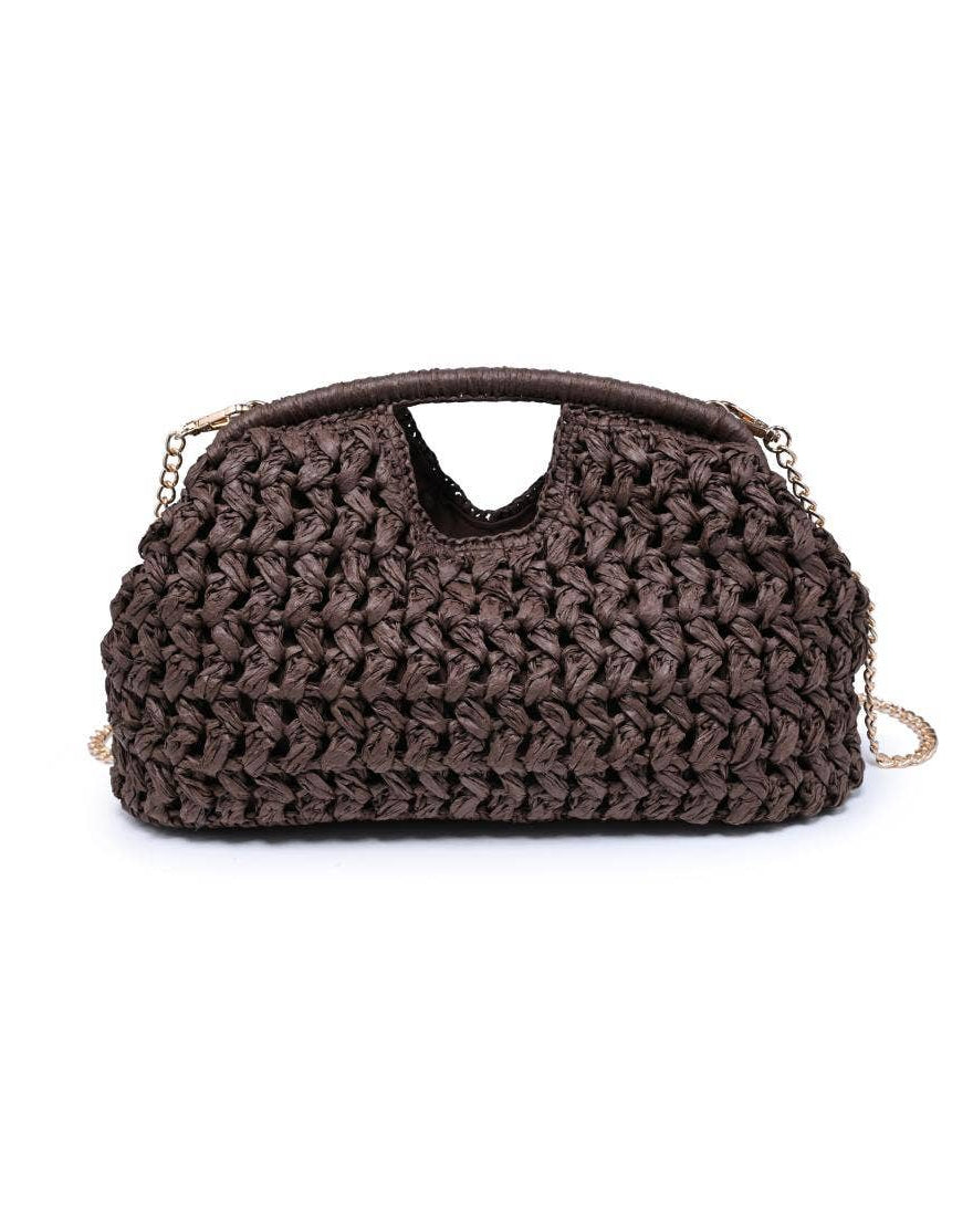 Brown woven handbag with a chain strap on a white background
